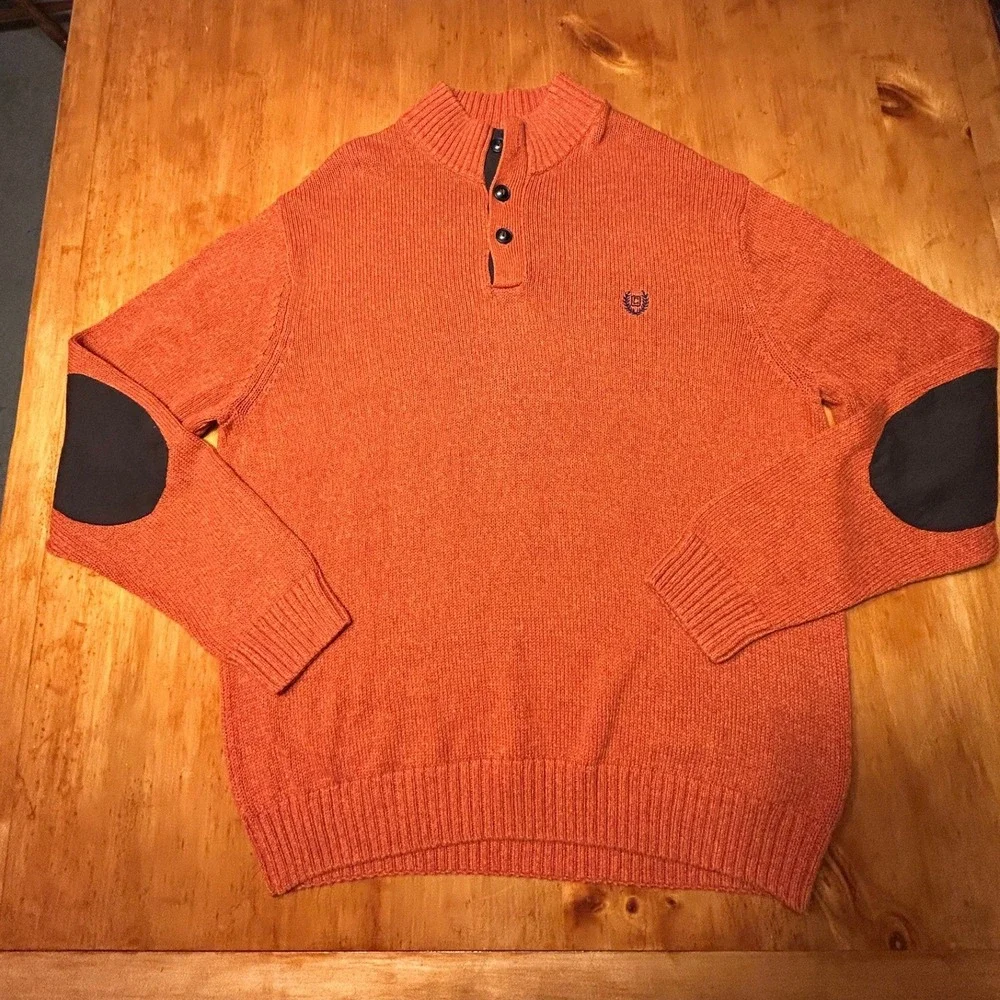 Chaps Preppy Gorpcore Fall Orange Cotton Mock Neck Henley Sweater Elbow Patches
